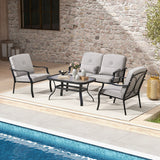 4 Pieces Outdoor Conversation Set with Seat Back Cushions and Waist Pillows-Gray