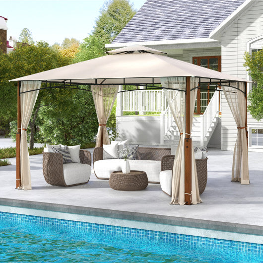 12 x 10 Feet Outdoor Patio Gazebo with Netting and 2-Tier Canopy Roof-Beige