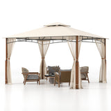 12 x 10 Feet Outdoor Patio Gazebo with Netting and 2-Tier Canopy Roof-Beige