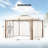 12 x 10 Feet Outdoor Patio Gazebo with Netting and 2-Tier Canopy Roof-Beige