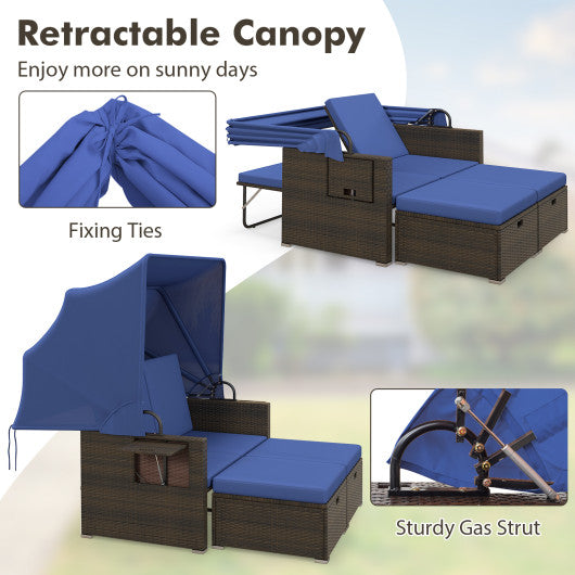 Outdoor Patio Rattan Daybed with Retractable Canopy and Adjustable Backrests-Navy