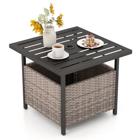 Outdoor Patio Rattan Wicker Steel Side Deck Table-Gray