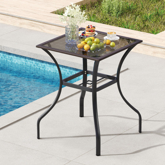 28.5 Inch Outdoor Patio Square Glass Top Table with Rattan Edging