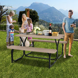 HDPE Outdoor Picnic Table Bench Set with Metal Base-Coffee