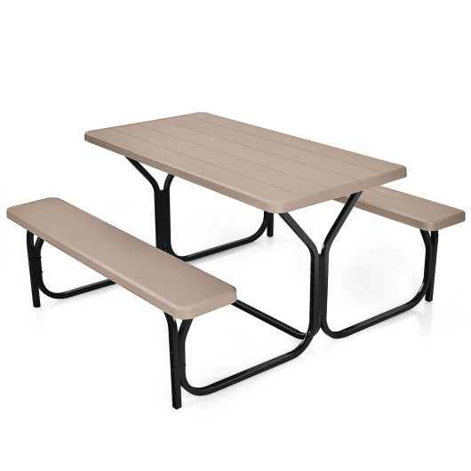 HDPE Outdoor Picnic Table Bench Set with Metal Base-Coffee