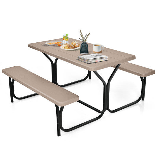 HDPE Outdoor Picnic Table Bench Set with Metal Base-Coffee