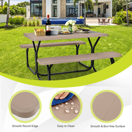 HDPE Outdoor Picnic Table Bench Set with Metal Base-Coffee