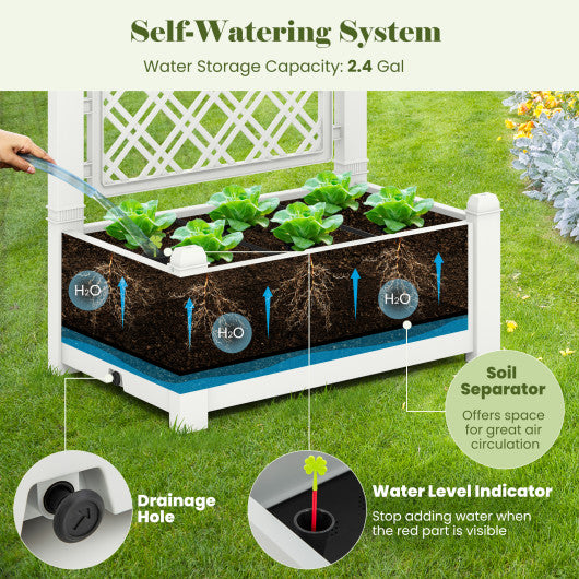 Outdoor Planter Box Self-Watering Raised Garden Bed Trellis with Water Level Indicator-White