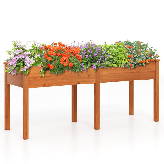 Fir Wood Outdoor Raised Garden Bed with Divider Panel and Drainage Holes-Yellow