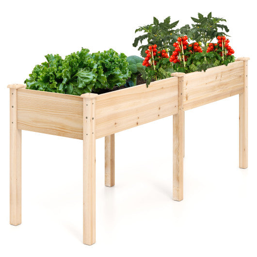 Fir Wood Outdoor Raised Garden Bed with Divider Panel and Drainage Holes-Natural