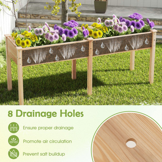 Fir Wood Outdoor Raised Garden Bed with Divider Panel and Drainage Holes-Natural