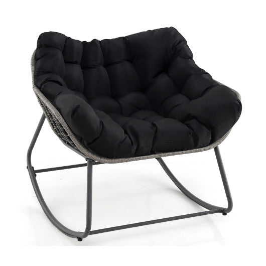 Outdoor Rocking Chair Oversized Patio PE Wicker Egg Chair with Cushion-Black