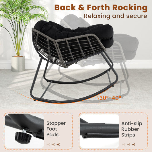 Outdoor Rocking Chair Oversized Patio PE Wicker Egg Chair with Cushion-Black