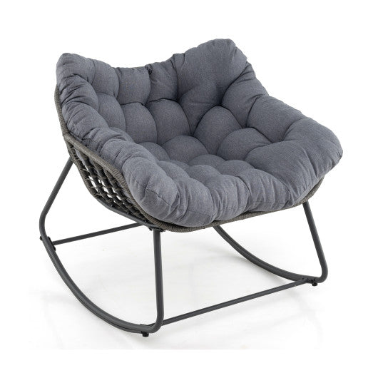 Outdoor Rocking Chair Oversized Patio PE Wicker Egg Chair with Cushion-Gray