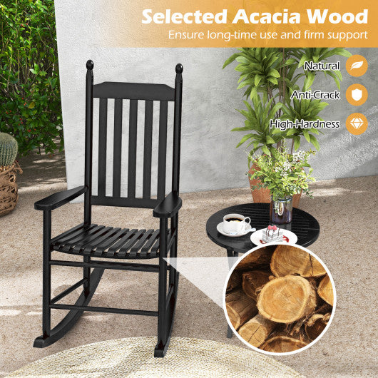 High-Back Acacia Wood Outdoor Rocking Chair with Solid Rocking Base-Black