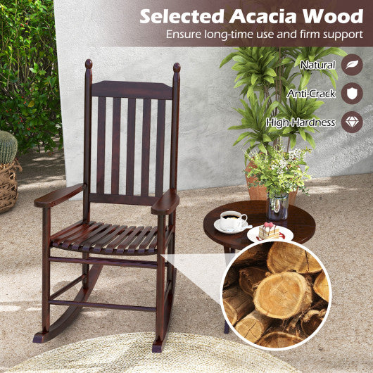 High-Back Acacia Wood Outdoor Rocking Chair with Solid Rocking Base-Brown