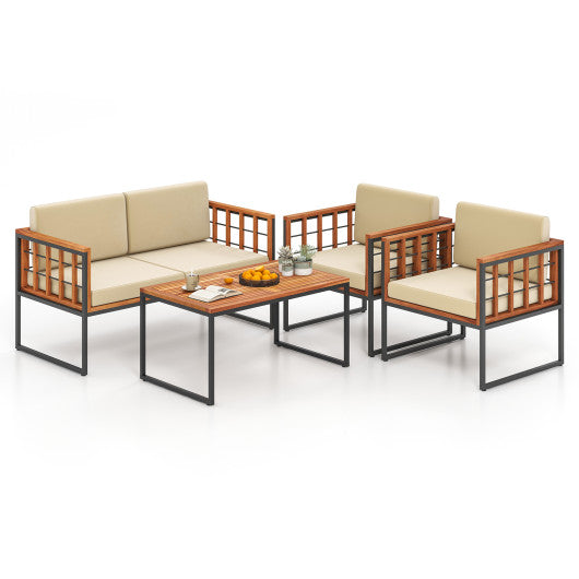 4 Pieces Acacia Wood Outdoor Sofa Set for Balcony  Porch  Backyard  Poolside