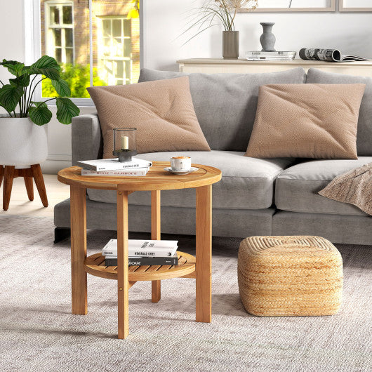 Outdoor Teak Wood Round Side Table Patio End Table with Slatted Storage Shelf
