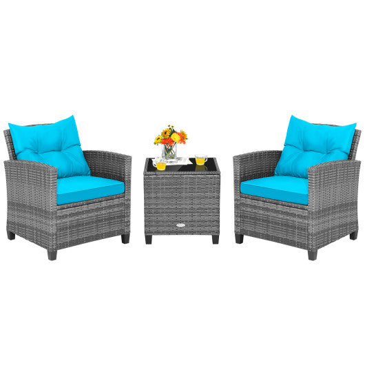 3 Pieces Outdoor Wicker Conversation Set with Tempered Glass Tabletop-Turquoise