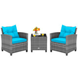 3 Pieces Outdoor Wicker Conversation Set with Tempered Glass Tabletop-Turquoise