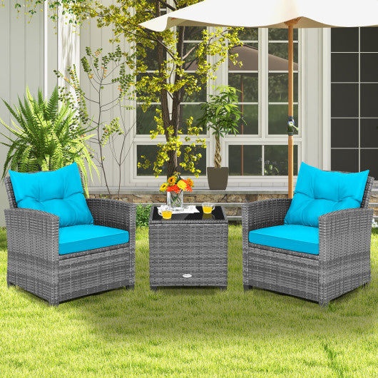 3 Pieces Outdoor Wicker Conversation Set with Tempered Glass Tabletop-Turquoise