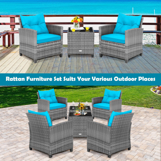 3 Pieces Outdoor Wicker Conversation Set with Tempered Glass Tabletop-Turquoise