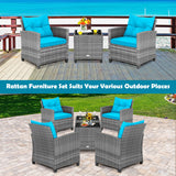 3 Pieces Outdoor Wicker Conversation Set with Tempered Glass Tabletop-Turquoise