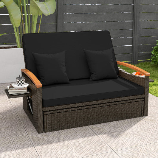 Outdoor Wicker Daybed with Folding Panels and Storage Ottoman-Black