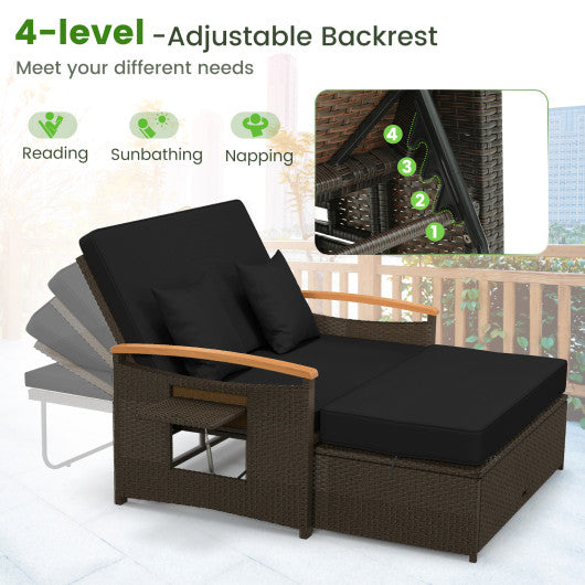 Outdoor Wicker Daybed with Folding Panels and Storage Ottoman-Black