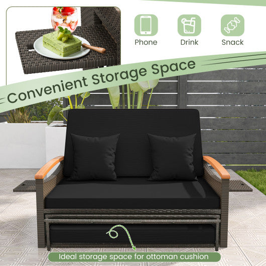 Outdoor Wicker Daybed with Folding Panels and Storage Ottoman-Black