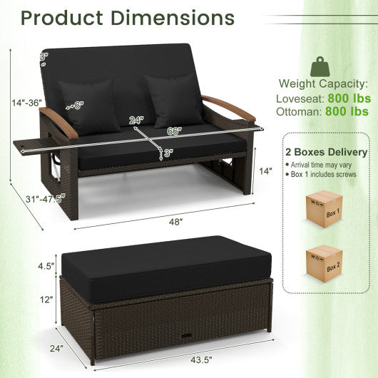 Outdoor Wicker Daybed with Folding Panels and Storage Ottoman-Black