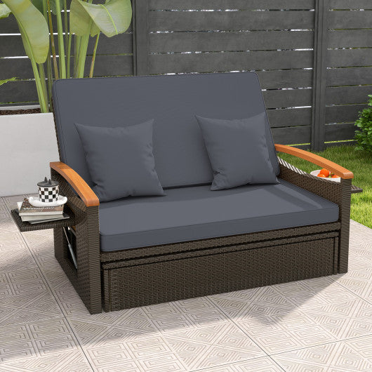 Outdoor Wicker Daybed with Folding Panels and Storage Ottoman-Gray