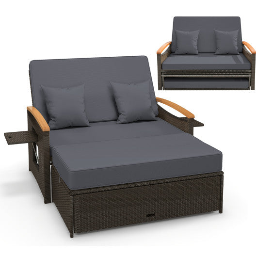Outdoor Wicker Daybed with Folding Panels and Storage Ottoman-Gray