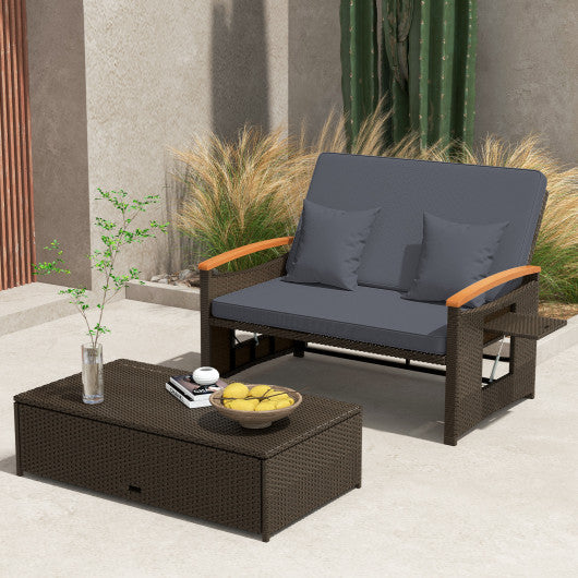 Outdoor Wicker Daybed with Folding Panels and Storage Ottoman-Gray
