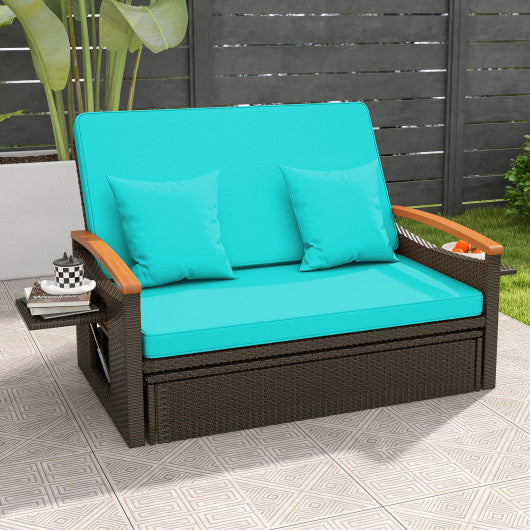 Outdoor Wicker Daybed with Folding Panels and Storage Ottoman-Green