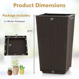 Outdoor Wicker Flower Pot Set of 2 with Drainage Hole for Porch Balcony-Brown