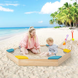 Outdoor Solid Wood Sandbox with 6 Built-in Fan-shaped Seats