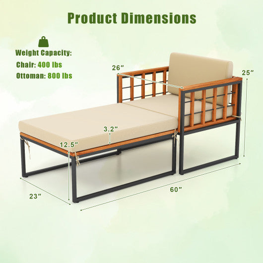 Patio Acacia Wood Armchair with Long Ottoman and Seat Back Cushions