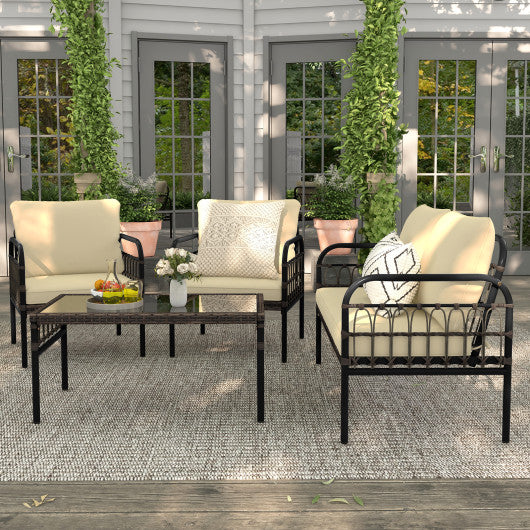 4 Pieces Outdoor Wicker Conversation Bistro Set with Soft Cushions and Tempered Glass Coffee Table-Beige