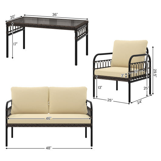 4 Pieces Outdoor Wicker Conversation Bistro Set with Soft Cushions and Tempered Glass Coffee Table-Beige