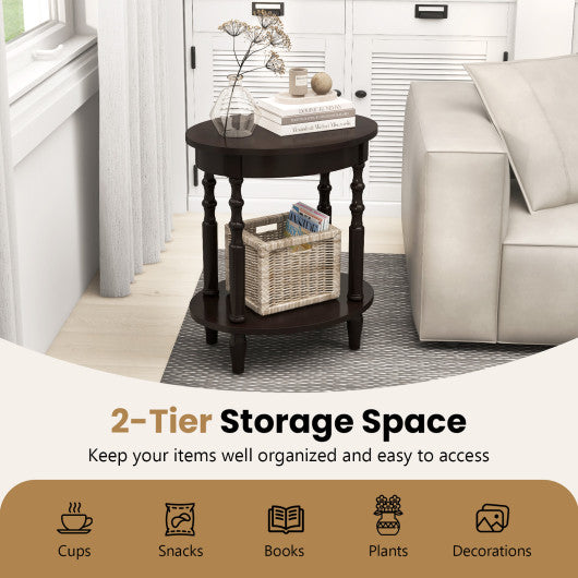 2-Tier Oval Side Table with Storage Shelf and Solid Wood Legs-Espresso