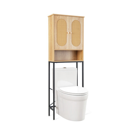 Over The Toilet Storage Cabinet with Rattan Doors and Shelves-Natural