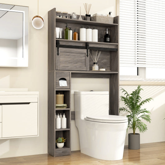 Over The Toilet Storage Cabinet with Sliding Barn Door and Adjustable Shelves-Gray
