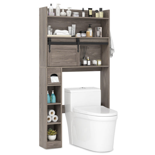 Over The Toilet Storage Cabinet with Sliding Barn Door and Adjustable Shelves-Gray
