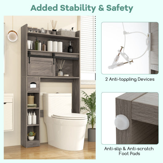 Over The Toilet Storage Cabinet with Sliding Barn Door and Adjustable Shelves-Gray