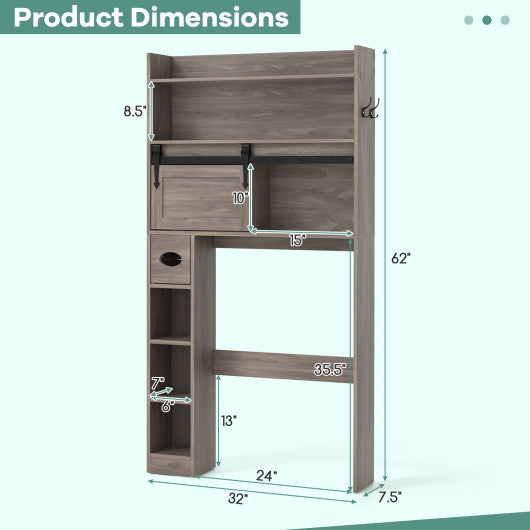 Over The Toilet Storage Cabinet with Sliding Barn Door and Adjustable Shelves-Gray