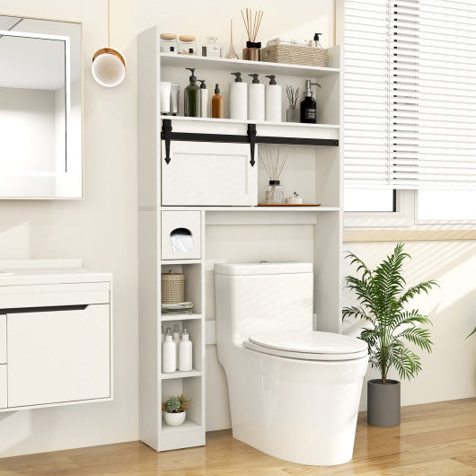 Over The Toilet Storage Cabinet with Sliding Barn Door and Adjustable Shelves-White