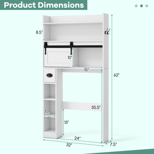 Over The Toilet Storage Cabinet with Sliding Barn Door and Adjustable Shelves-White