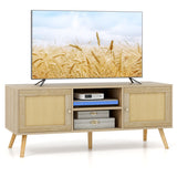 PE Rattan Media Console Table with 2 Cabinets and Open Shelves