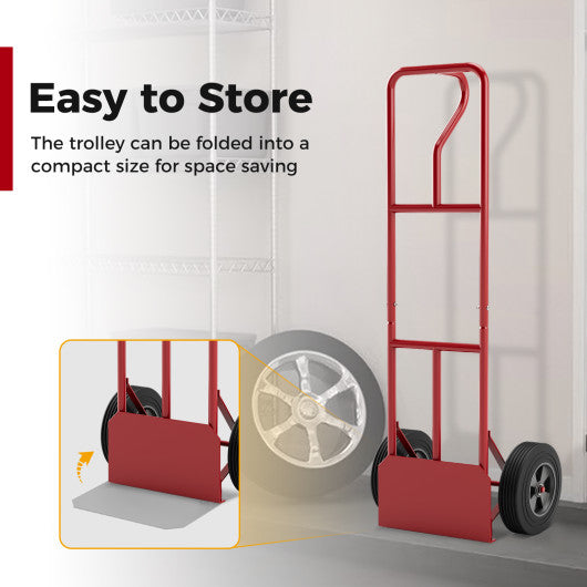 P-Handle Hand Truck with Foldable Load Plate for Warehouse Garage-Red